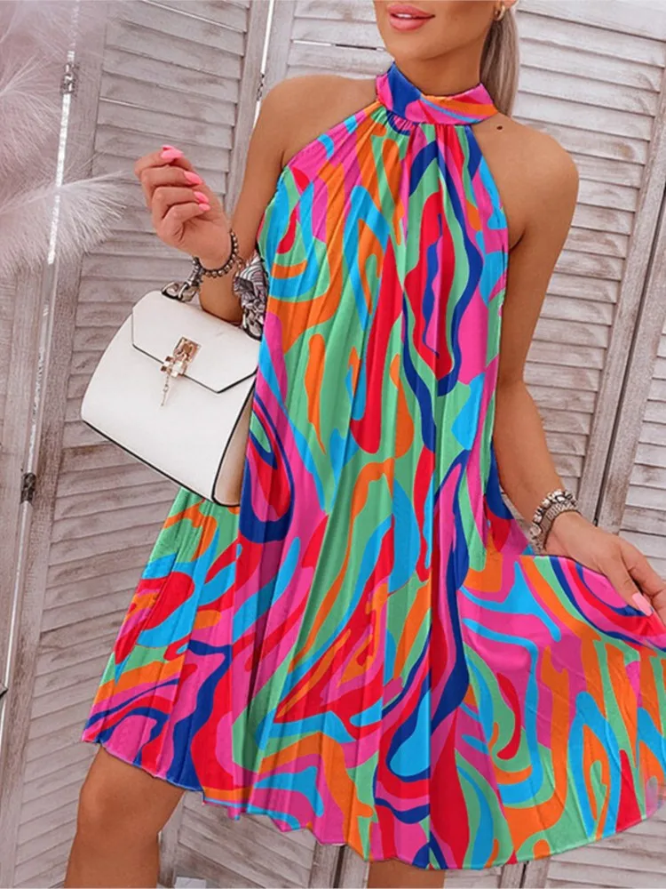 Summer Women\'s New One Button Sleeveless Fashion Print Sexy Hanging Neck Off Shoulder Pressed Pleated 100 Pleated Dress