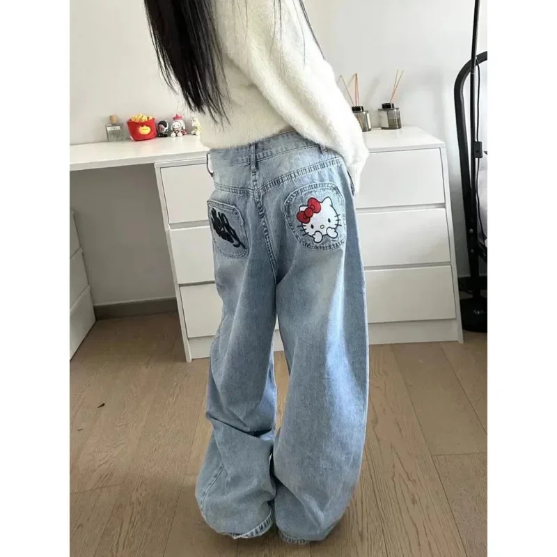 Hello Kitty Sanrio Y2k Denim Broek Retro Letter Borduurjeans Hoge Taille Losse Wijde Pijpen Broek High Street Broek Voor Dames