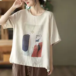 Cotton Linen T Shirts Women Fashion Vintage Art Printed T-shirt Casual Loose O-neck Short Sleeve Tops Summer Trend Thin Tshirt