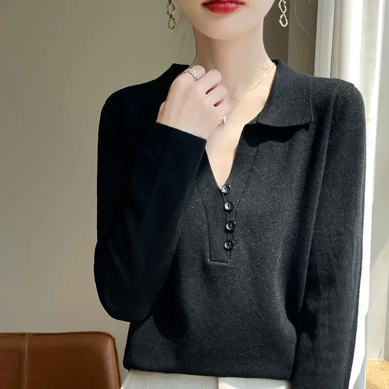

POLO Collar Knitted Cardigan Women's Spring Autumn and Winter New Long-sleeved Tops Versatile Fashionable Sweater Base