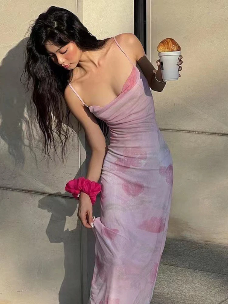 فستان ماكسي مثير بقماش شفاف أوروبي أمريكي 2025 فساتين جديدة بدون حمالات فستان طويل ضيق مطبوع عليه زهور لملابس النساء