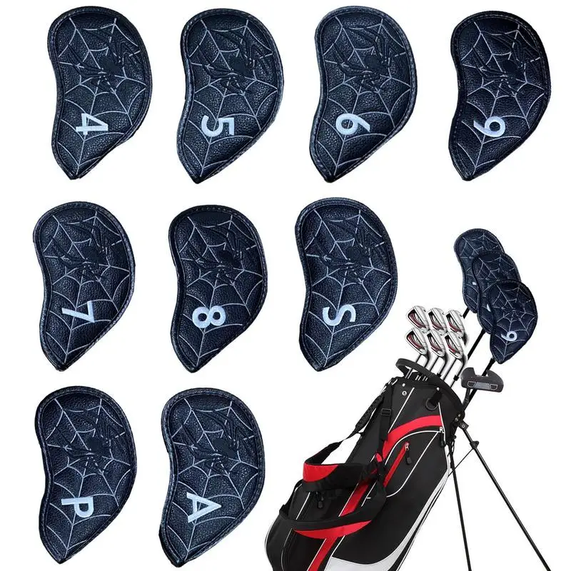 Golf Club Head Covers 9pcs Waterproof Golf Iron Headcovers Wedges Covers Spider Pattern Lengthen PU Leather Binding Collision