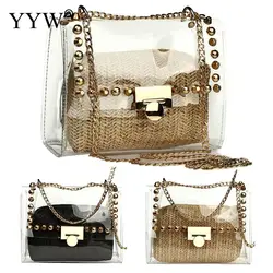 Newly Double Layer Handbag Transparent Wheat Straw Women Metal Chain Crossbody Bag Summer Rattan Woven Seaside Beach Tote Purse