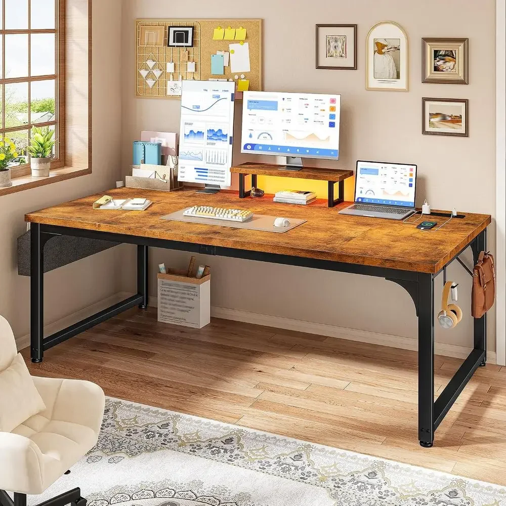 55 x 24 inch Desk, 24mm Thick Heavy Duty Computer Desk with RGB LED & Power Outlets, Gaming Desk with Detachable Stand, 150LBS L