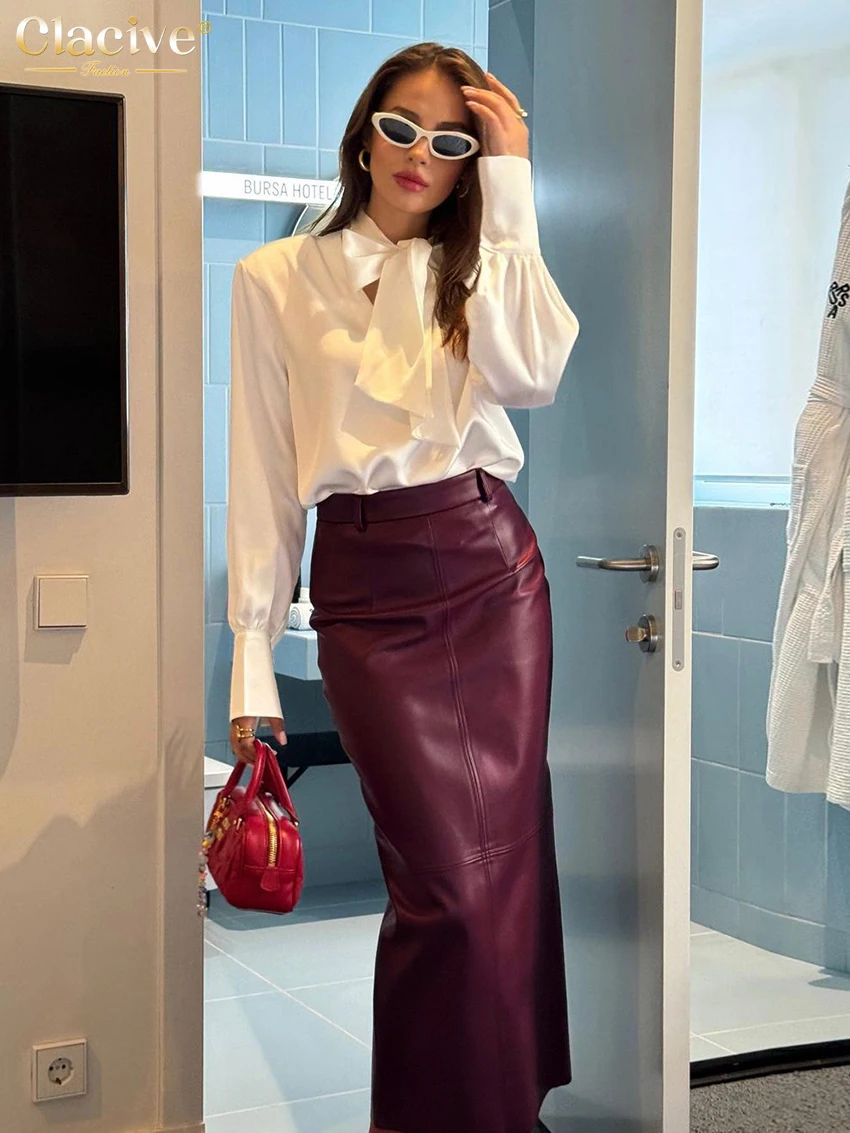 Clacive Fashion Slim Wine Red Pu Leather Skirts For Women Bodycon High Waist Midi Skirt Elegant Classic Skirt Female Clothing