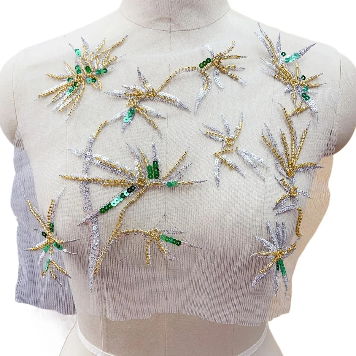 

2PCS.high Quality Evening Gown Loose Flower Silver Green Sequin Gold Bead Lace Handmade DIY Background Decoration Accessory