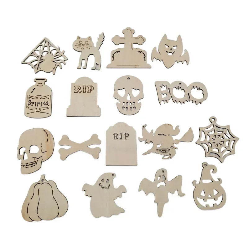 

20pcs Halloween Wooden Ornaments Unfinished Blank Wood Cutouts Slices Party Hanging Embellishments Ghost Pumpkin Skull DIY Craft