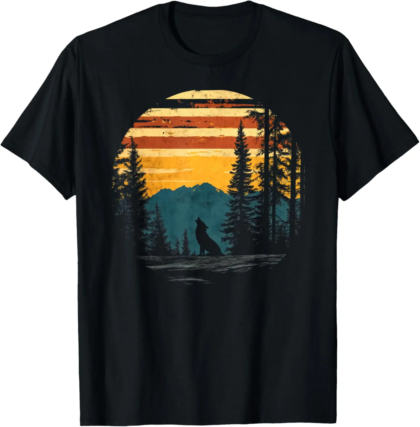 Graphic Tee Wolf Nature Forest Wildlife Retro Sun Vintage T-Shirt