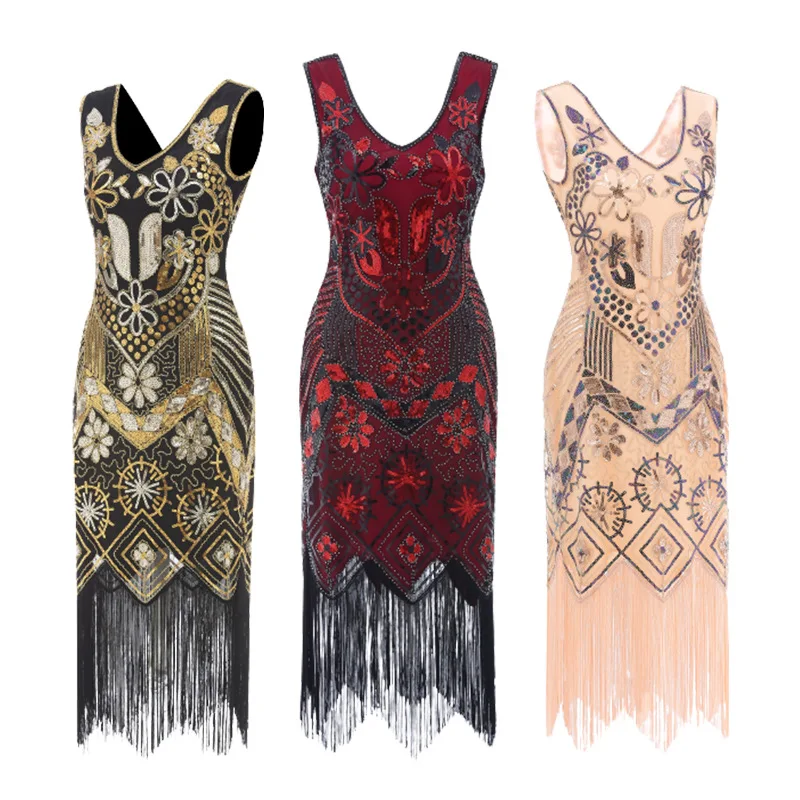 

Women Party Dress 1920 s Great Gatsby Flapper Vestidos Sequin Bead Fringe Dress Evening Vintage Vest V Neck Fringed Sleeveless