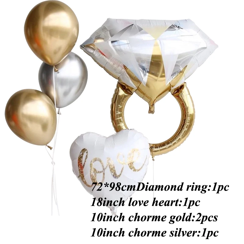 4pcs Engagement Diamond Ring Love Heart Balloons Chorme Gold Silver Latex Ballons Wedding Betrothal Party Decorations