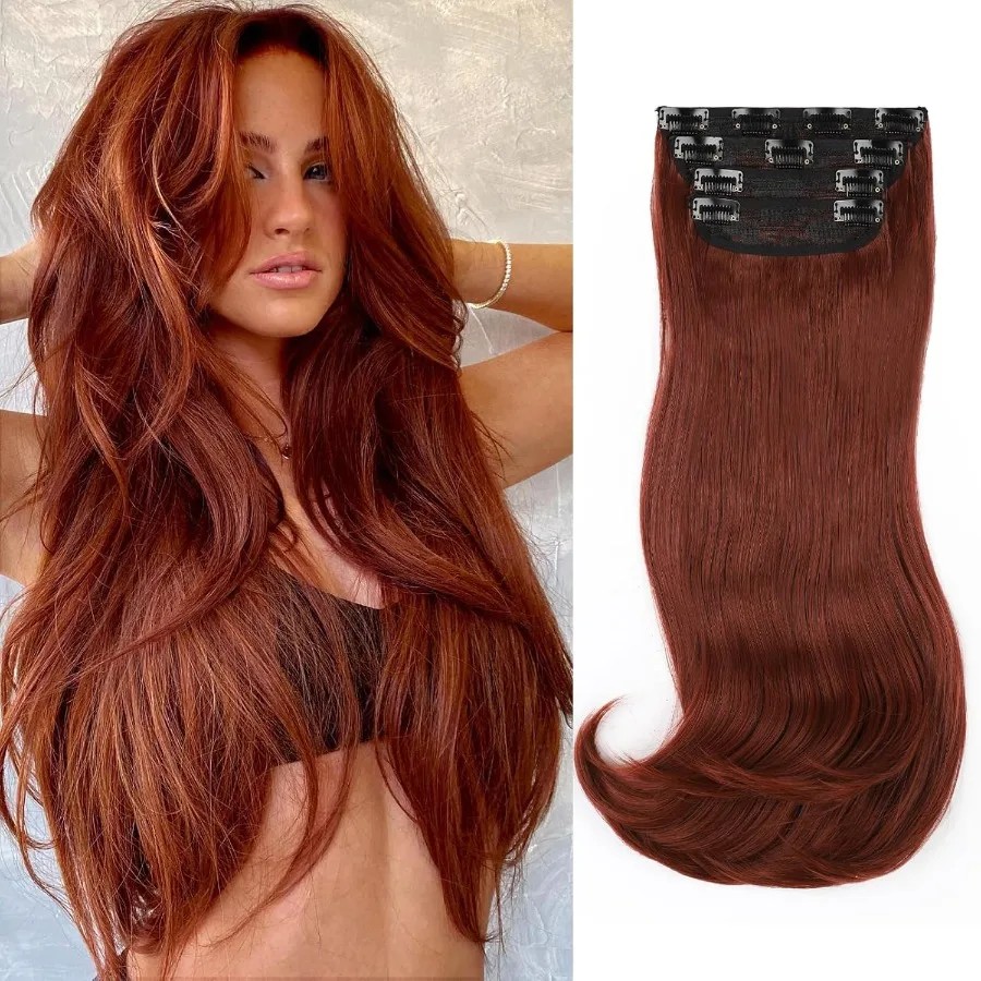 Copper Red Clipin Hair Extensions for Women Straight Layered Synthetic Hair Extensions Long Wavy Style Daily Use 20 Inch Perfec