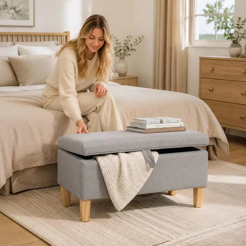 Banc de rangement avec assise en tissu aspect lin, pouf rembourré avec pieds en caoutchouc, coffre de rangement couleur gris clair pour salon et entrée