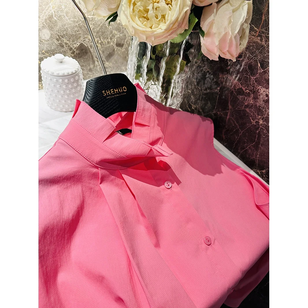 

Upgraded Beautiful Rose Pink Floral Embellished Caplet without Sleeve Women's Shirt High Quality Cotton Blend Loose Fit Style