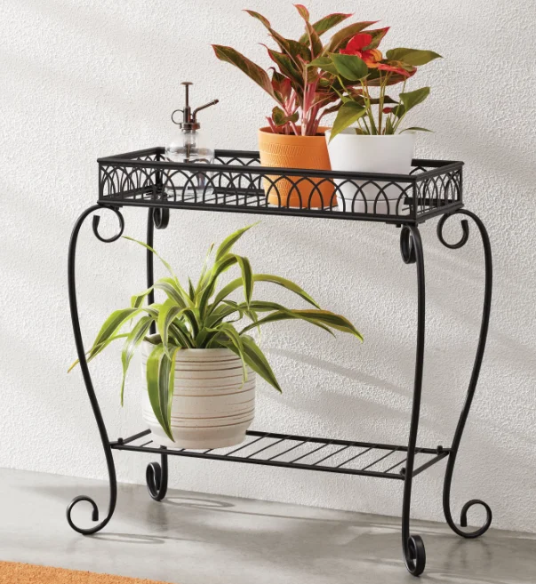 NEW Black Metal 2 Tier Shelves Plant Stand