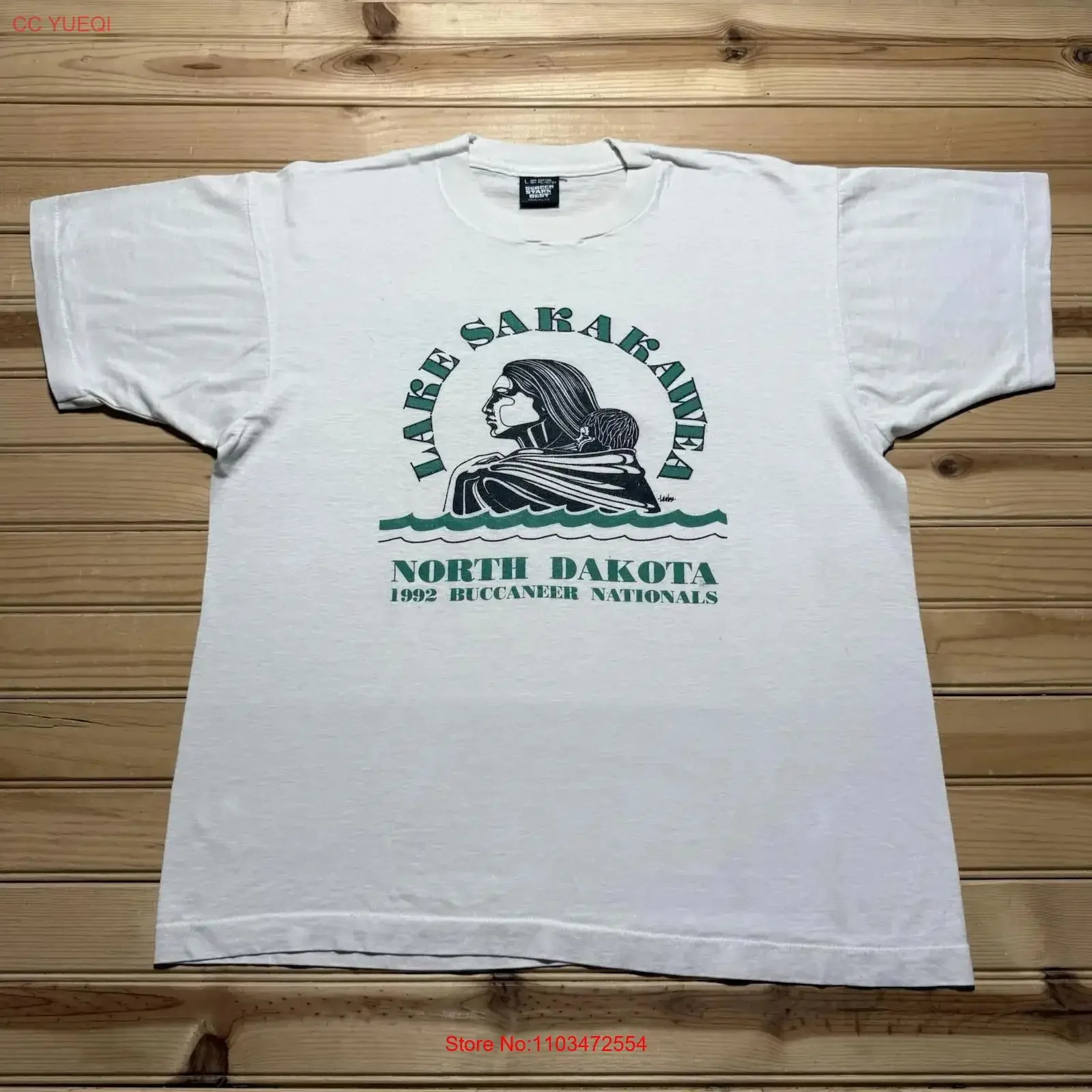 Vintage 1992 lago Sakakawea Dakota del Norte Buccaneers nacionales ArT camiseta grande vintage lavado suave ropa de diseñador Casual