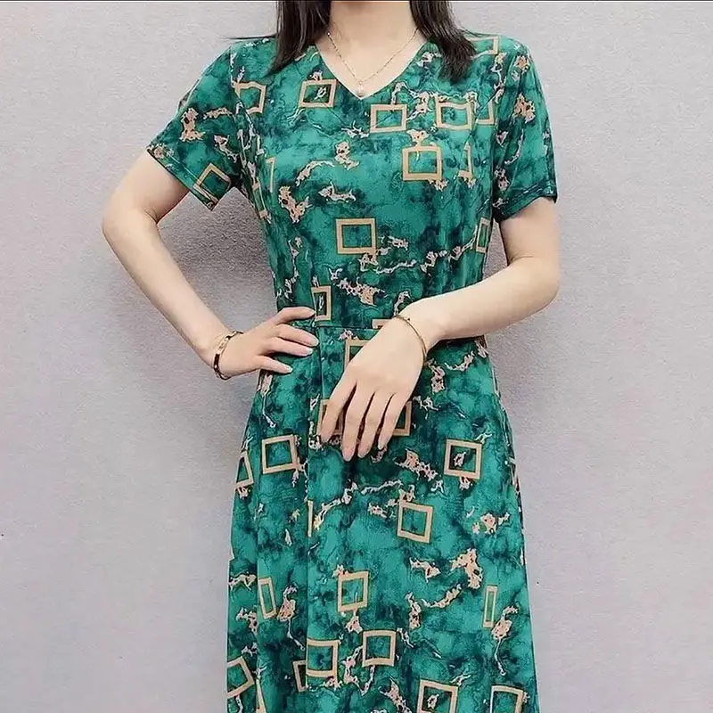 Summer Loose Vintage Geometric Printed Dresses V-Neck Elegant A-Line Fashion Short Sleeve Women\'s Clothing Commute Midi Dress