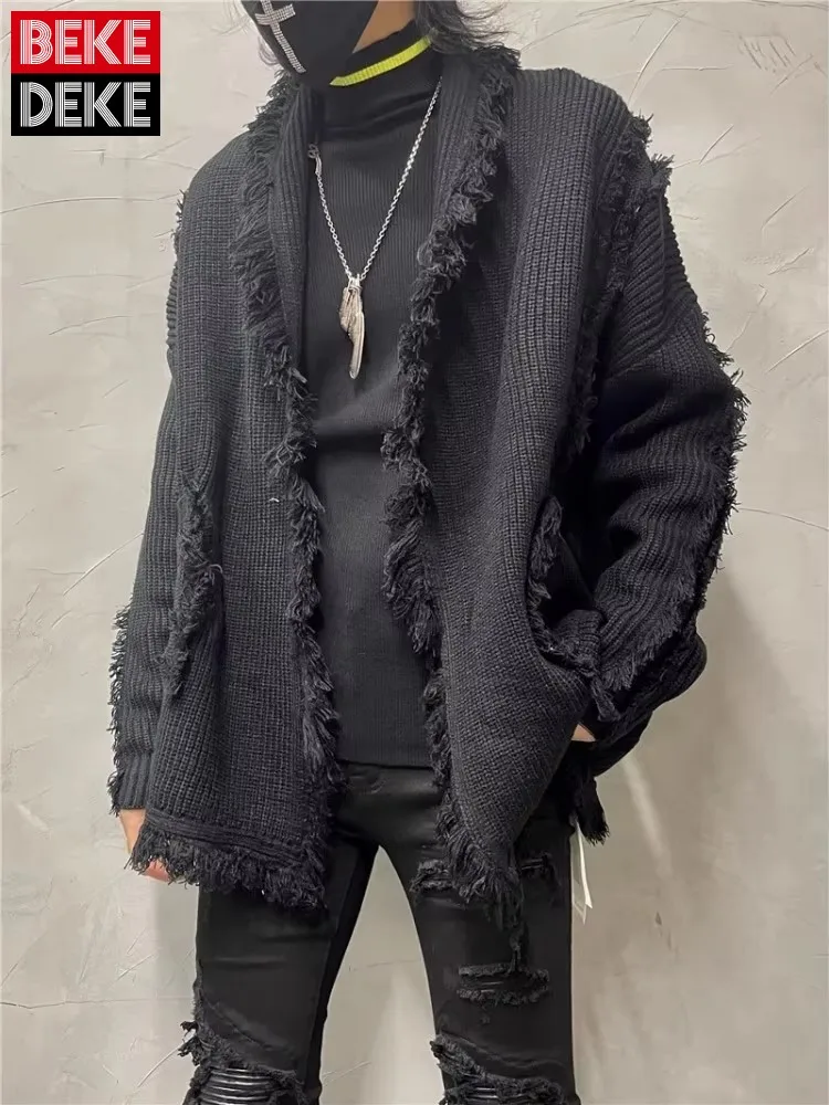 Personality Spliced Vintage Loose Fit Sweater Cardigan Men Long Sleeve Harajuku Gothic Knitted Jacket Japanese Casual Knitwear