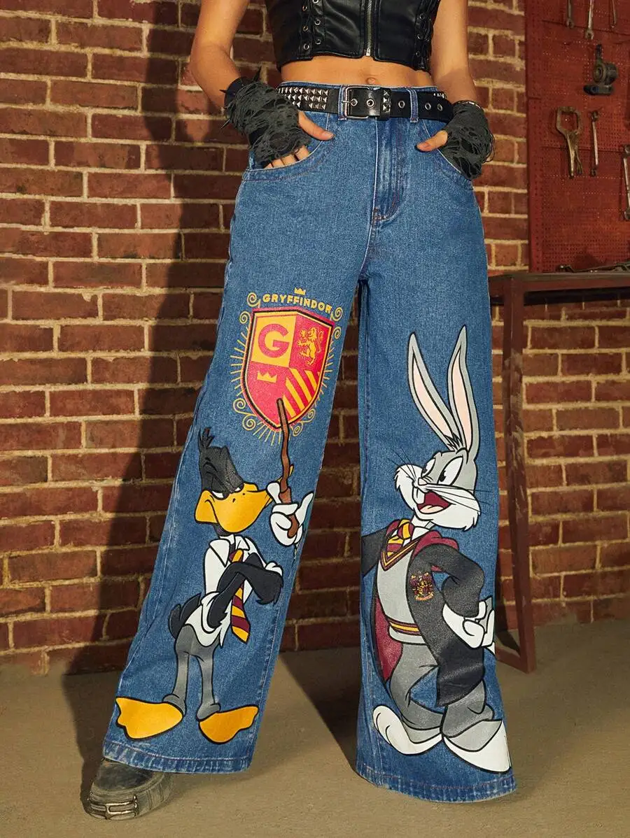 

New Y2k WB 100th Print Jeans for Men Baggy Jean Popular Trouser Streetwear Wide Leg Women High Waist Pants Harajuku Men Clothing