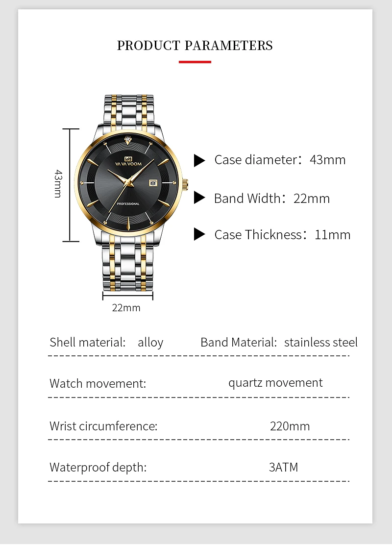 Herrenuhr 43mm Gehäuse Edelstahl-Stil Luxus Strass 3Bar Wasserdicht Quarzwerk Business-Uhren Relogios Masculino – Detail 9