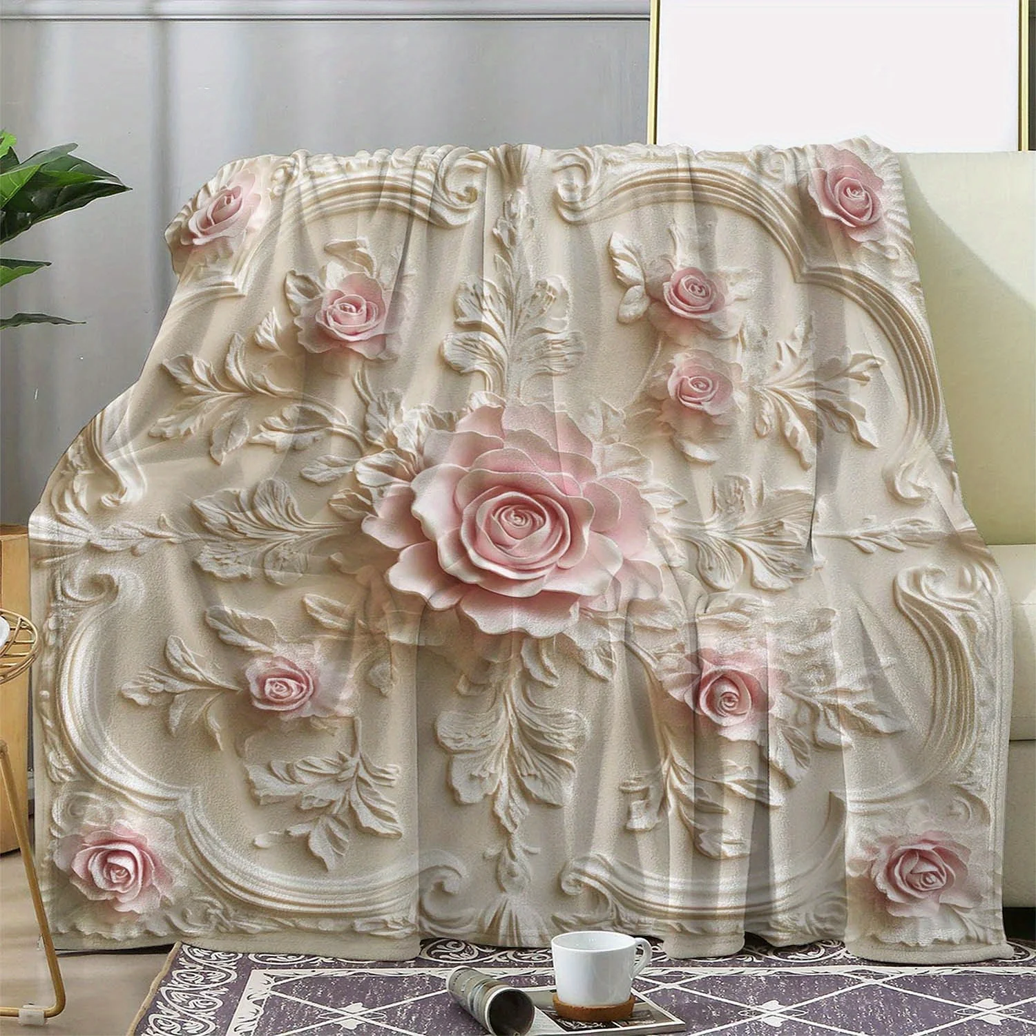 

Luxurious Flannel Blanket All-Season Embossed Rose Floral Print Soft Cozy Comfortable for Sofa Bed Car Camping Travel