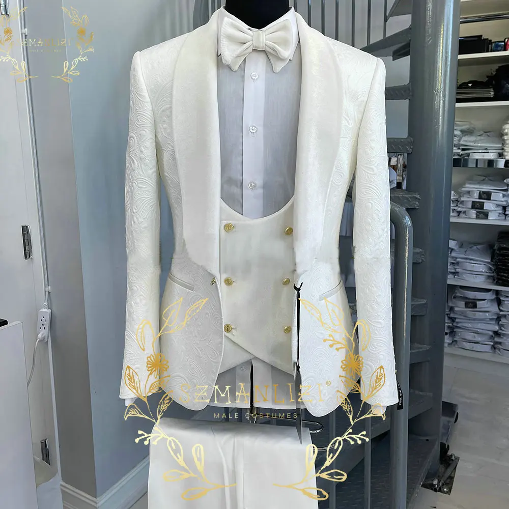 2023 Latest Designs Men's Suits Ivory Jacquard Shawl Lapel Groom Wedding Tuxedos (Jacket+Pants+Vest) 3 Pieces Suits Blazer Sets