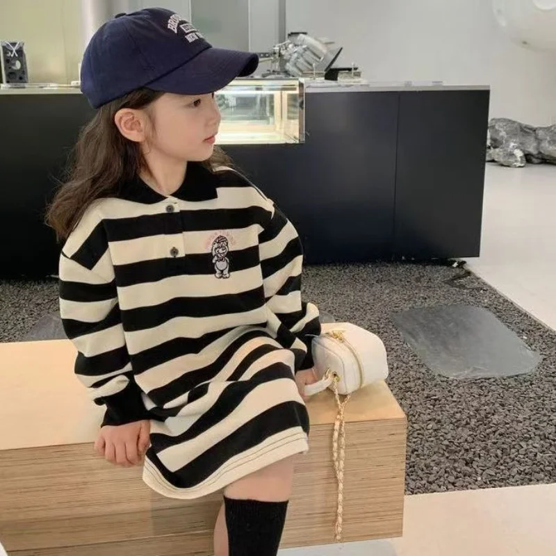 

Girls Stripes Dresses 2025 Autumn Spring Long Sleeve polo neck Sweatshirt Dress Kids Fashion Casual Clothes 1-10 Years