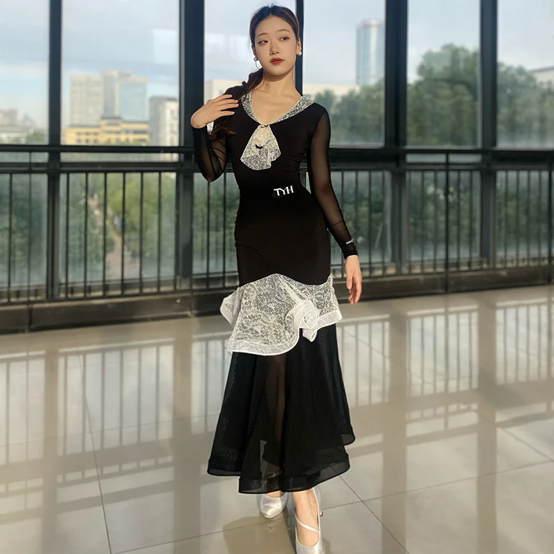 Women Latin Dance Clothes Ballroom Dance Competition Dress Black Tops Lace Skirt Waltz Practice Clothing Club Dance Wear NV22099