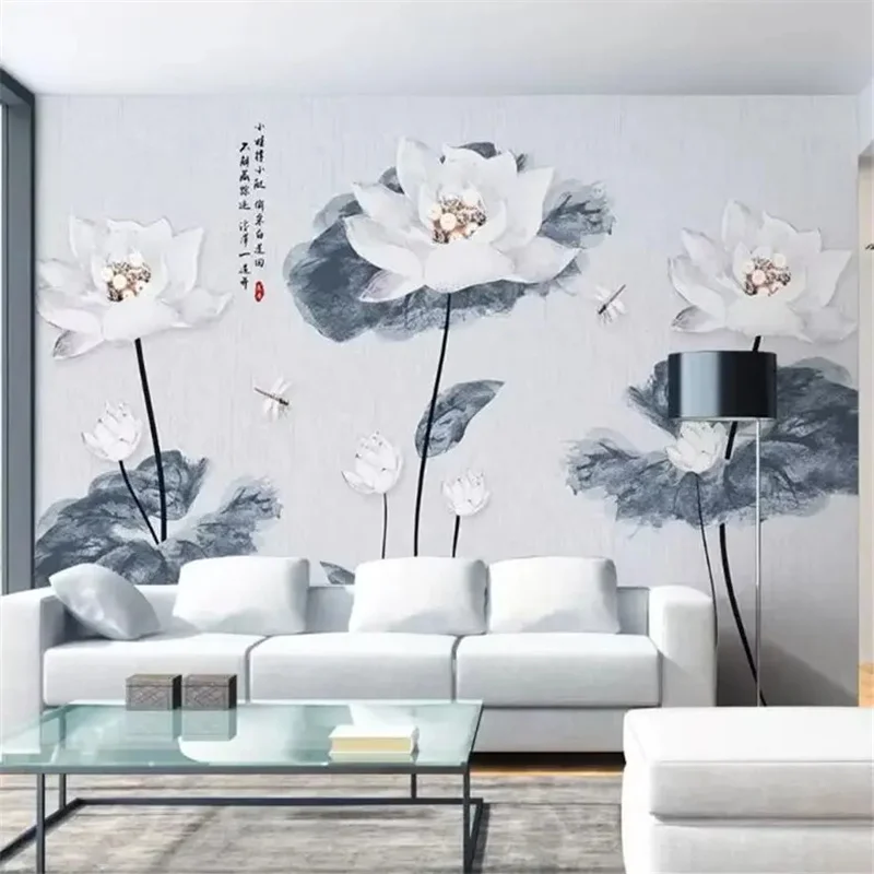 Custom wallpaper 3d White embossed lotus leaf lotus simple new Chinese TV background wall Pearl Jewelry Chrysanthemum обои