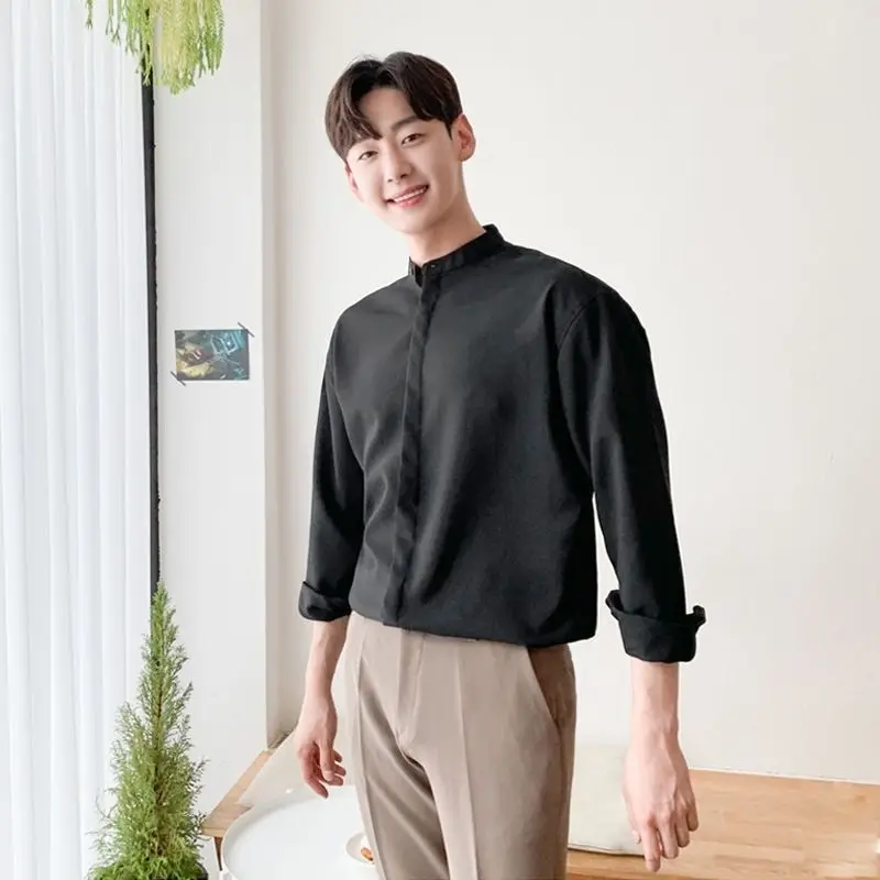 High-end Gray-blue Stand-up Collar Shirt for Men Very Elegant Drapey Korean Style Spring Autumn Casual Shirt with Mature Style.