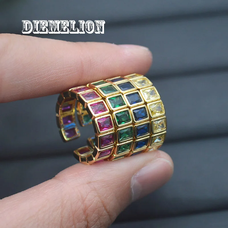 Gran oferta de anillos de circonia cúbica coloridos rectangulares de lujo para mujer, anillo con apertura chapado en oro CZ brillante, alianzas de boda apilables