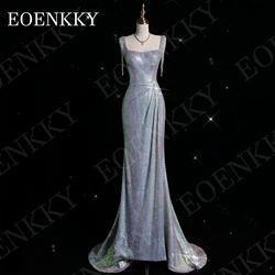 EOENKKY Luxury Slim Sexy Evening Dresses Mermaid Square Collar Bead Tassel Sequin Split Long Prom Dress Women Customized Party