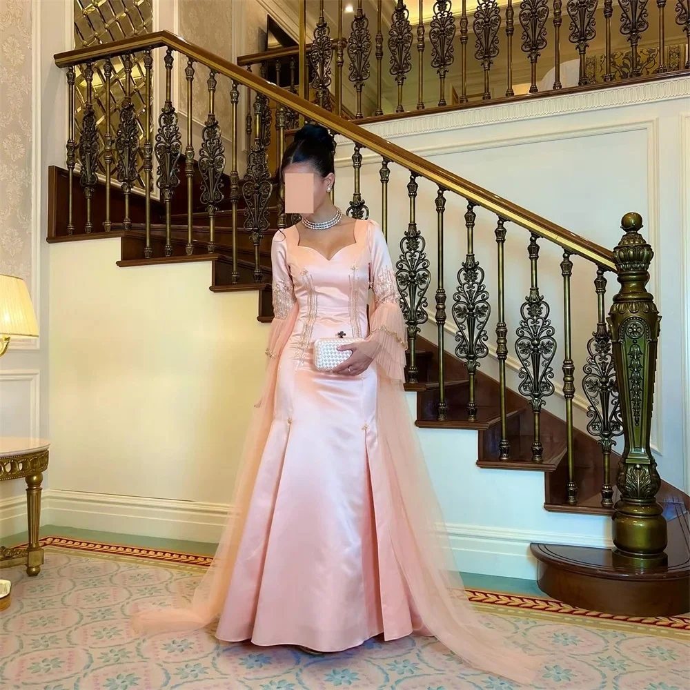 

Pink Party Long Sleeves Bespoke Occasion Gown Evening Dresses Prom Pastrol Unisex Jersey Retro Dubai Saudi Arabic Customized