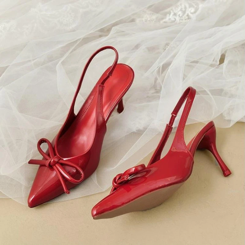 2025 nova chegada sapatos de salto alto de couro de patente feminino stiletto com bowknot festa & sapatos formais elegantes sandálias stiletto
