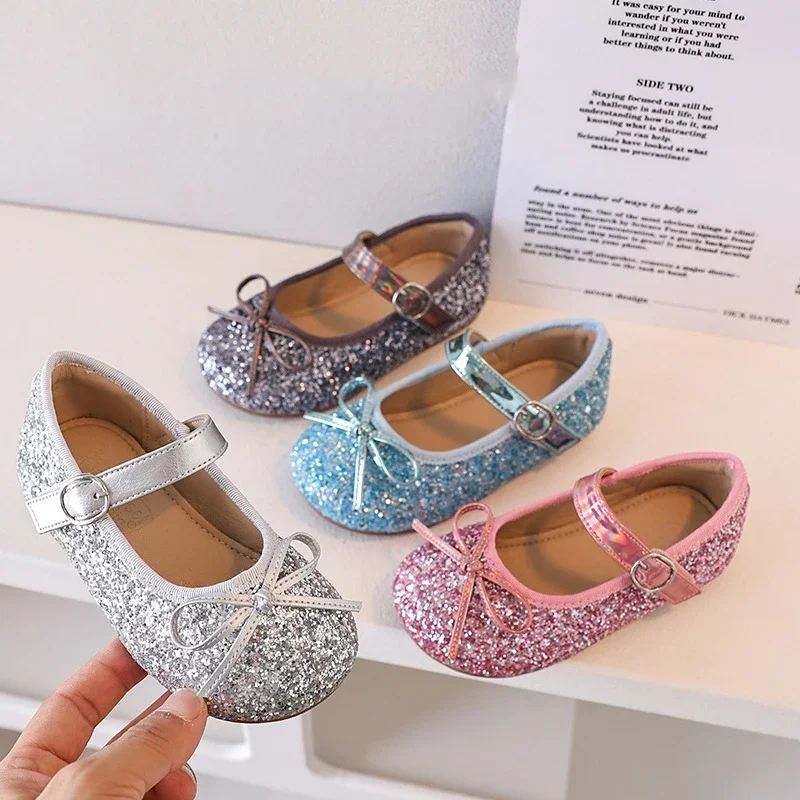 Fashion Shining Paillette Baby Girls Mary Jane Flats Cute Bow Children's Shoes Performance Show Kids Casual Shoes