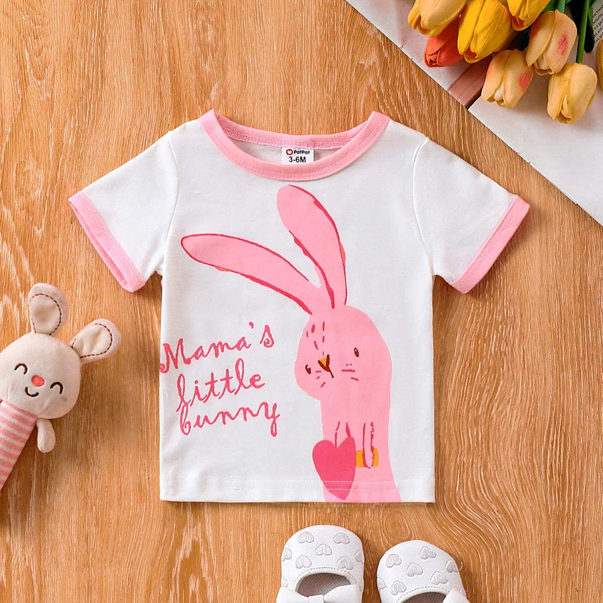 PatPat Baby Girls Easter Childlike Rabbit Tee Suitable for Summer Season Comfortable  Perfect for Outings and Daily Wear