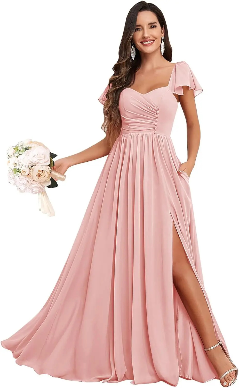 

Bridesmaid Dresses Long with Sleeves for Wedding A-Line Chiffon Pleated Formal Party Gown with Pockets Graduation Evening Dress