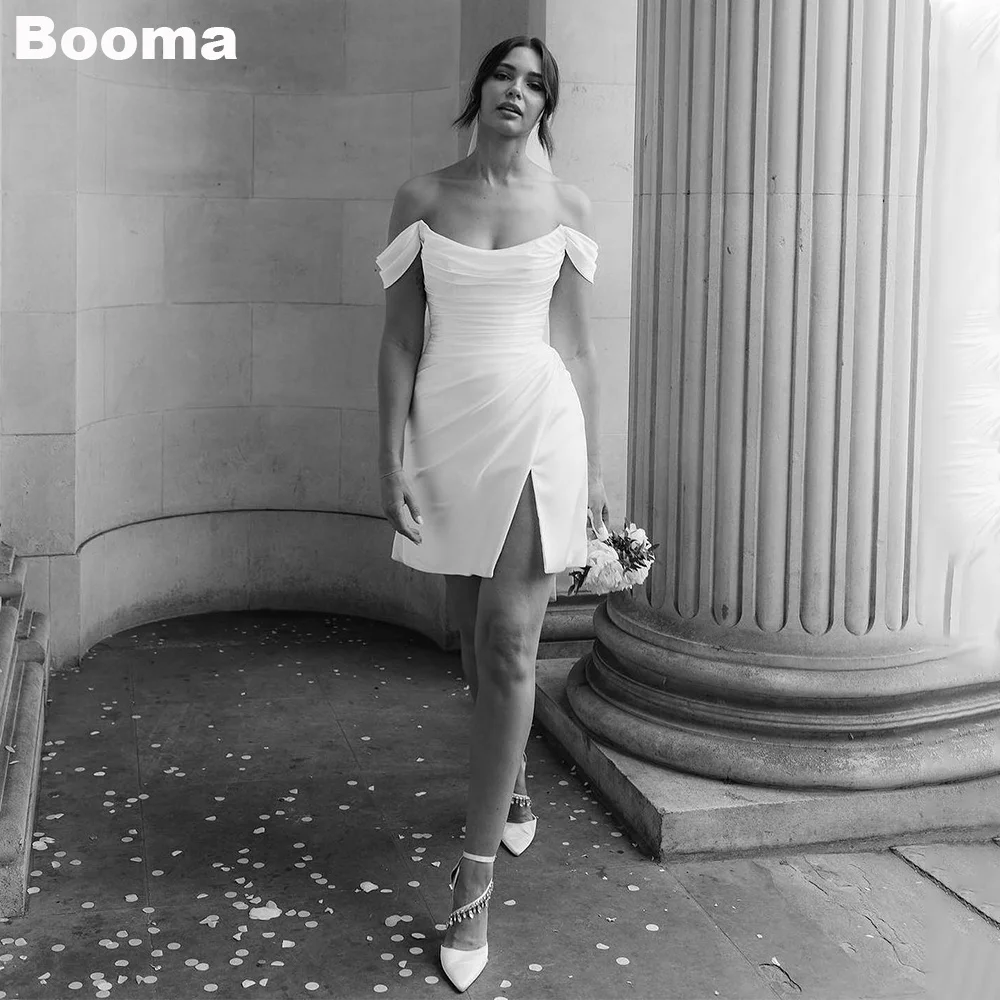 

Booma Simple Short Wedding Party Dresses Off Shoulder Pleat Stain Brides Prom Gowns Side Slit Cocktail Dresses for Women Bespoke