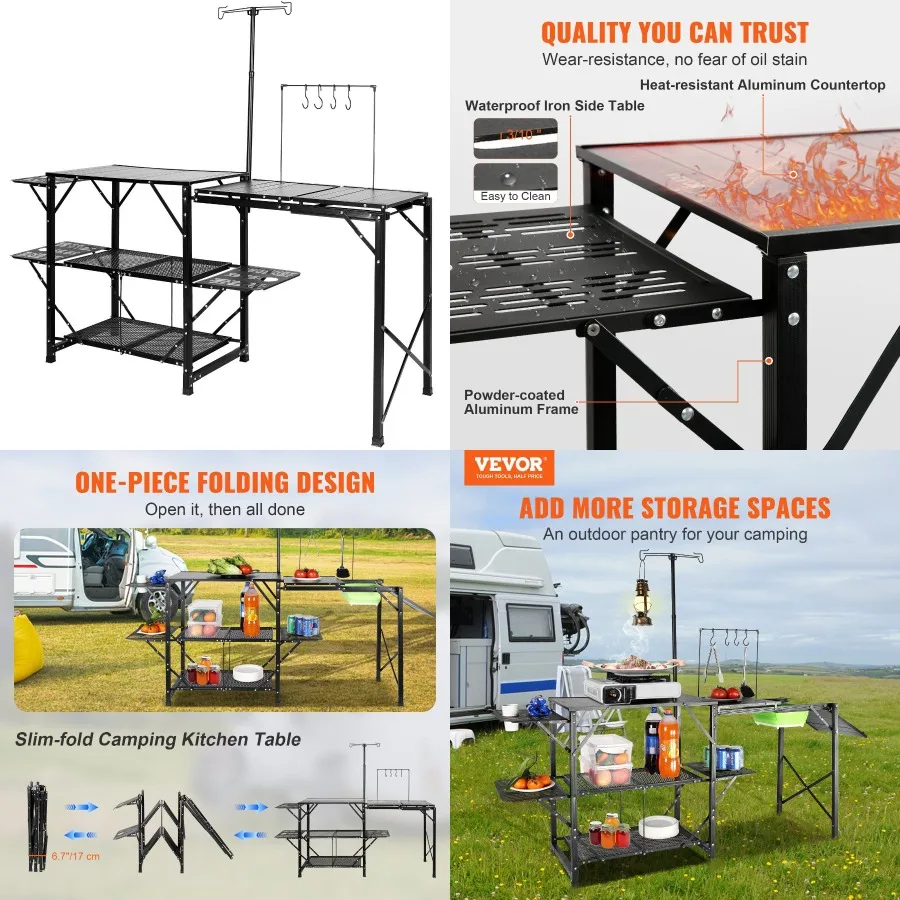 

VEVOR Camping Kitchen Table Onepie Folding Portable Cook Station with A Carrying Bag Long Aluminum Camping Table 3 Side Tables