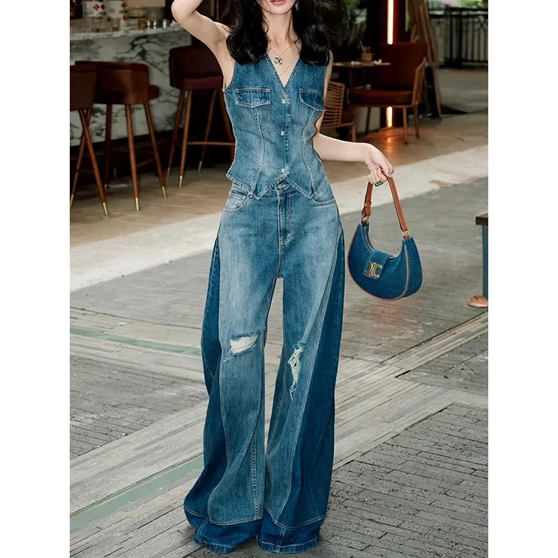 

2026 New Fashion Temperament Versatile and Thin Sleeveless Denim Vest High Waist Skirt Two-piece Suit for Women