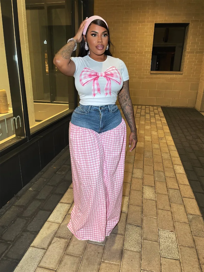 

Women Fashion 2 Piece Set Bow Print Short Sleeve T-shirts Tops + Plaid Print Denim Patchwork Loose Wide Leg Pants Casual Suits