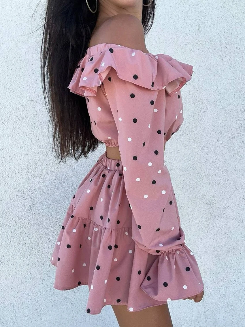 Marthaqiqi Polka Dots Women Pajamas Set Long Sleeve Nightie Slash Neck Sleepwear Crop Top Nightwear Short Skirt Nightgowns Suit