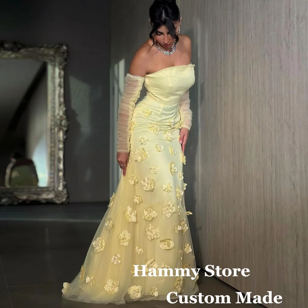 Yellow Mermaid Evening Dress Customized Strapless Detachable Tulle Sleeves 3D Flowers Sweep Train Saudi Arab Prom Gown