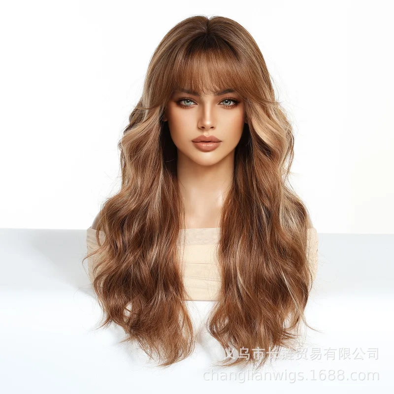 

New synthetic fiber brown highlights with bangs, long curly hair, elegant goddess style, fashionable machine-made rose net cap w