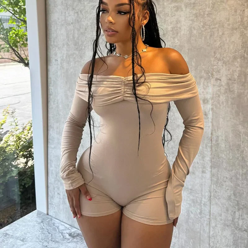 

Sexy Off the Shoulder Bodycon Romper for Women Playsuit Shorts Slash Neck Long Sleeve Ruched Skinny One Piece Jumpsuit Clubwear