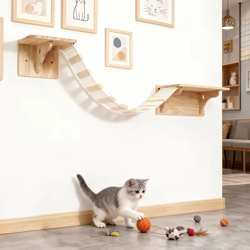 Cat Bridge Step Set Wall Mounted cat Shelf Wooden Tree Ladder with Climbing Step Shelves Cat Furniture Activity Center