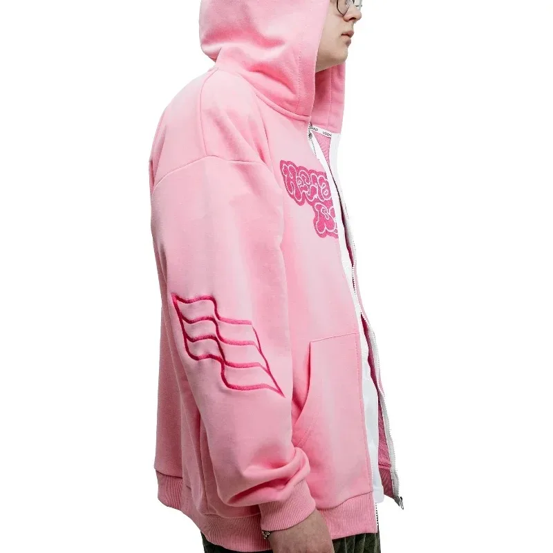 Y2K zip up Hoodie Harajuku Embroidered Pink Letters high quality vintage Oversized Sweatshirts Men Women Hip Hop streetwear top