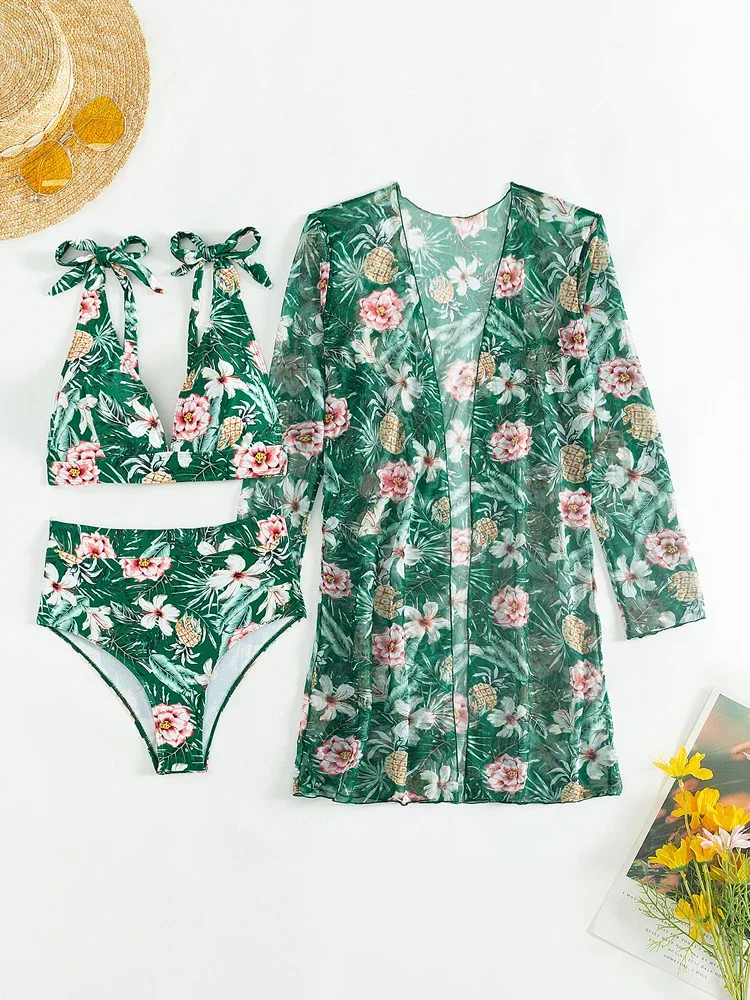 VigoBreviya Sexy 2025 Stampa 3 pezzi Maglia manica lunga Grembiule Bikini Set Push Up Vita alta Costumi da bagno Legato con cinturino Costume da bagno donna