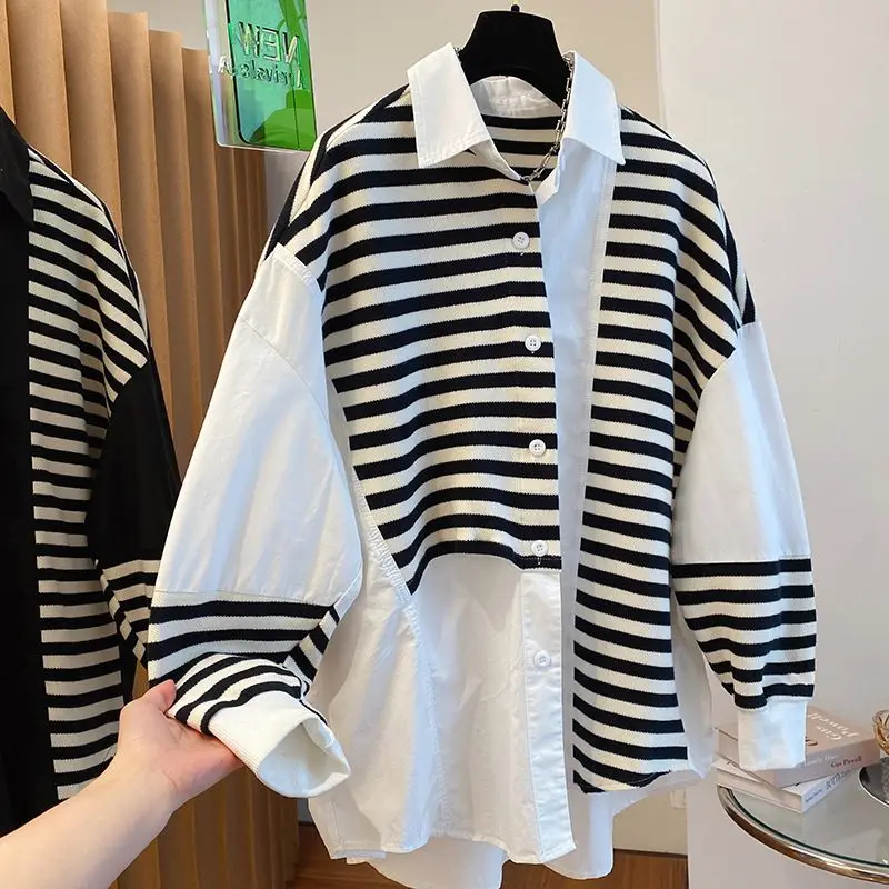 Autumn Oversized Loose Fake Two Pieces Blouse Women Clothing Casual Striped Shirts Korean Patchwork Buttons All-match Top Tee