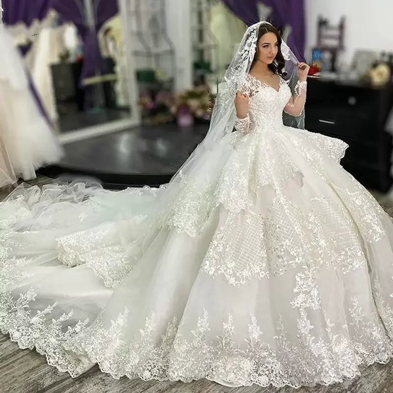 

Well Design V Neck Full Lace Appliques Wedding Dresses Vestidos De Casamento Big Train Long Sleeves Puffy Luxury Bridal Gowns