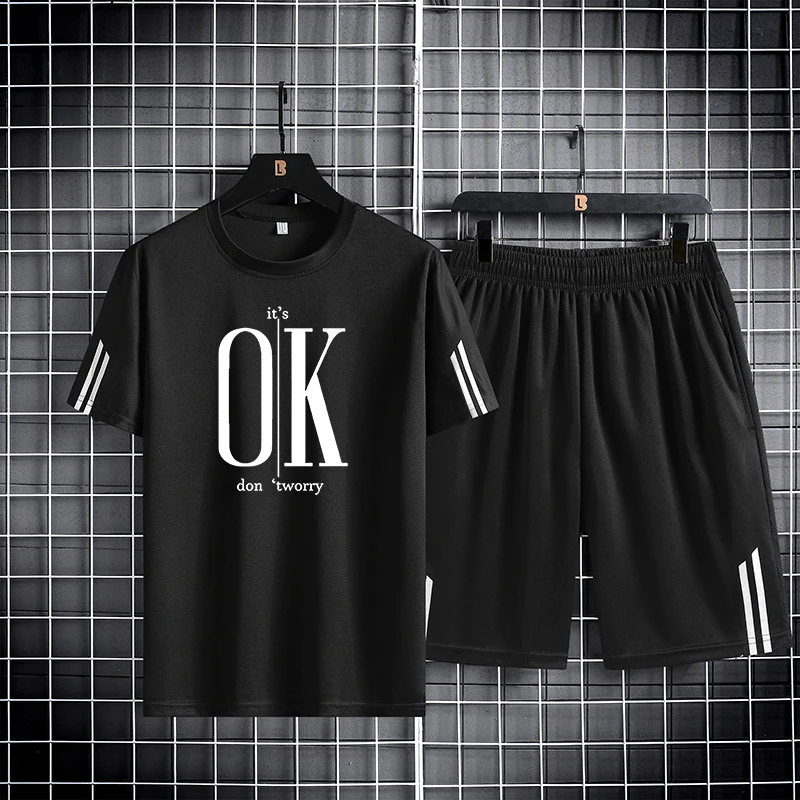 M-5XL OK 패턴 반팔 반바지 세트, 빠른 건조, 통기성, 패셔너블한 스포츠 세트, 남성용 야외 달리기, 여름